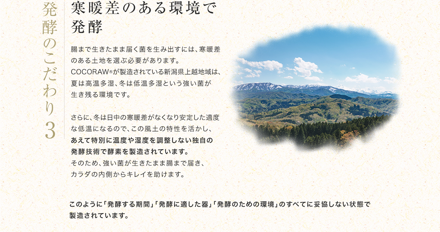 こだわり3「寒暖差のある環境で発酵」腸まで生きたまま届く菌を生み出すには、寒暖差のある土地を選ぶ必要があります。COCORAW®が製造されている新潟県上越地域は、夏は高温多湿、冬は低温多湿という強い菌が生き残る環境です。さらに、冬は日中の寒暖差がなくなり安定した適度な低温になるので、この風土の特性を活かし、あえて特別に温度や湿度を調整しない独自の発酵技術で酵素を製造されています。そのため、強い菌が生きたまま腸まで届き、カラダの内側からキレイを助けます。このように「発酵する期間」「発酵に適した器」「発酵のための環境」のすべてに妥協しない状態で製造されています。